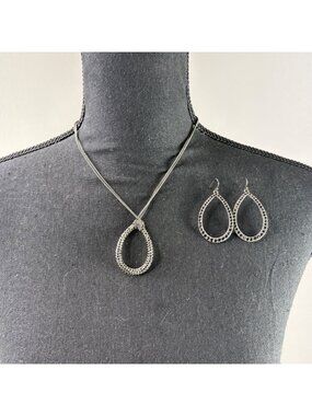 Lia Sophia Tina Necklace Earring Set Hematite Hoop Cut Crystals Drop